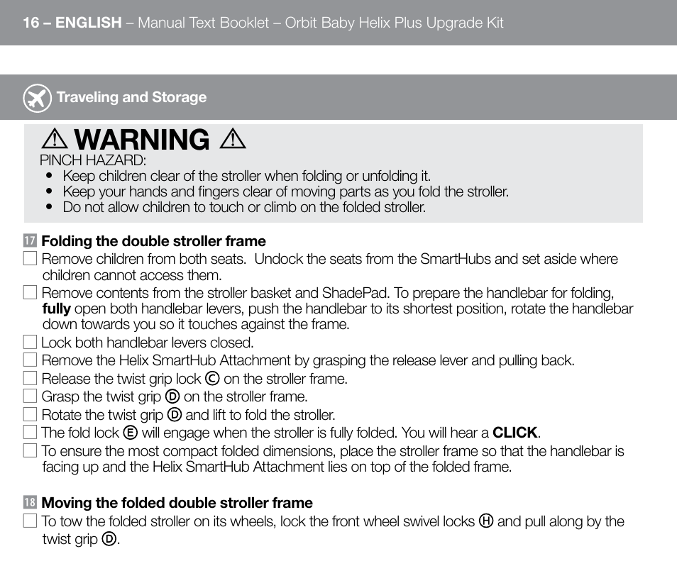 Warning | Orbit Baby Helix Plus Double Stroller Version B User Manual | Page 24 / 32