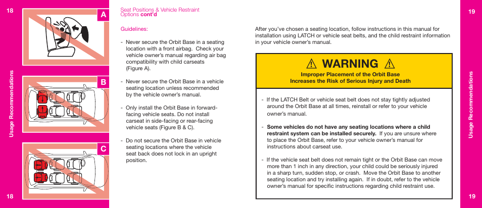 Warning, Ab c | Orbit Baby Generation-one Car Seat Base User Manual | Page 10 / 25