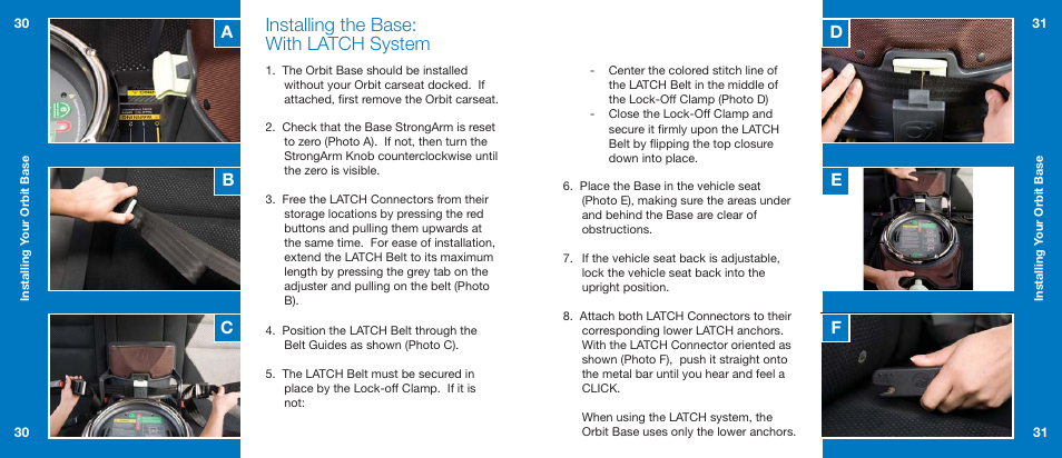 Installing the base: with latch system | Orbit Baby Generation-one Car Seat Base User Manual | Page 16 / 25
