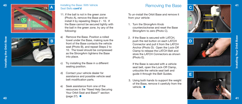 Removing the base, Ab c d e | Orbit Baby Generation-one Car Seat Base User Manual | Page 21 / 25