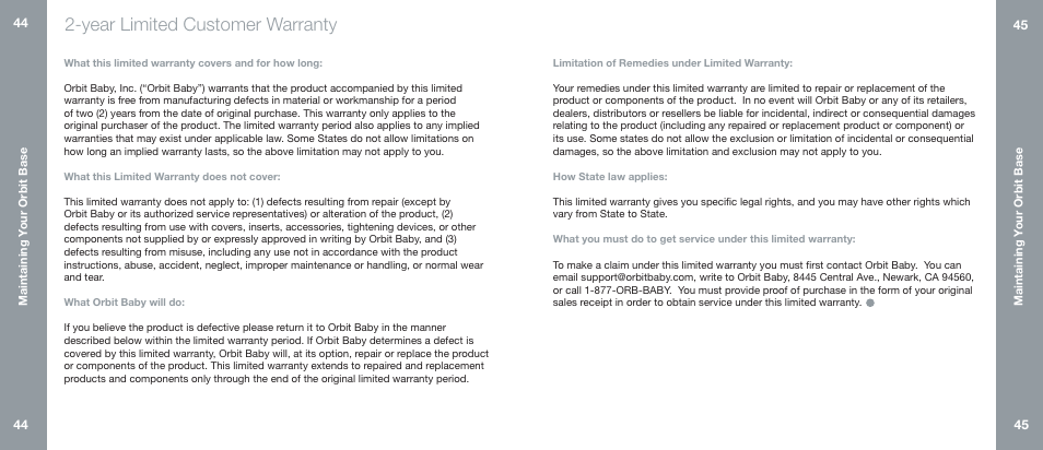 Year limited customer warranty | Orbit Baby Generation-one Car Seat Base User Manual | Page 23 / 25