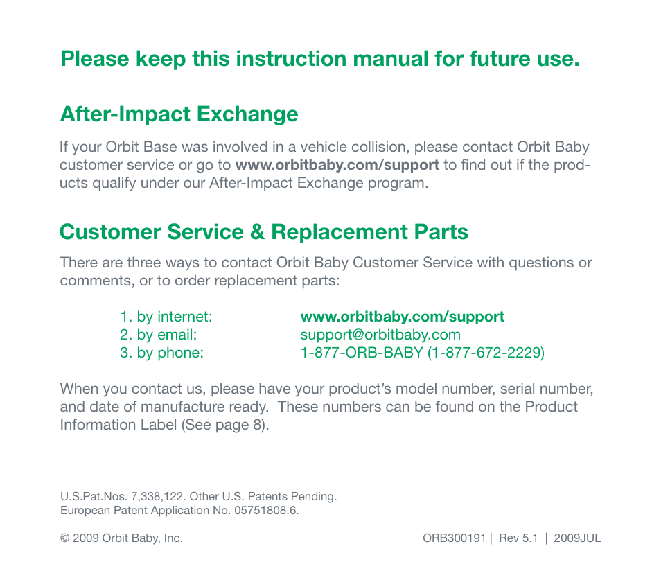 Customer service & replacement parts, After-impact exchange, Please keep this instruction manual for future use | Orbit Baby Generation-one Car Seat Base User Manual | Page 25 / 25