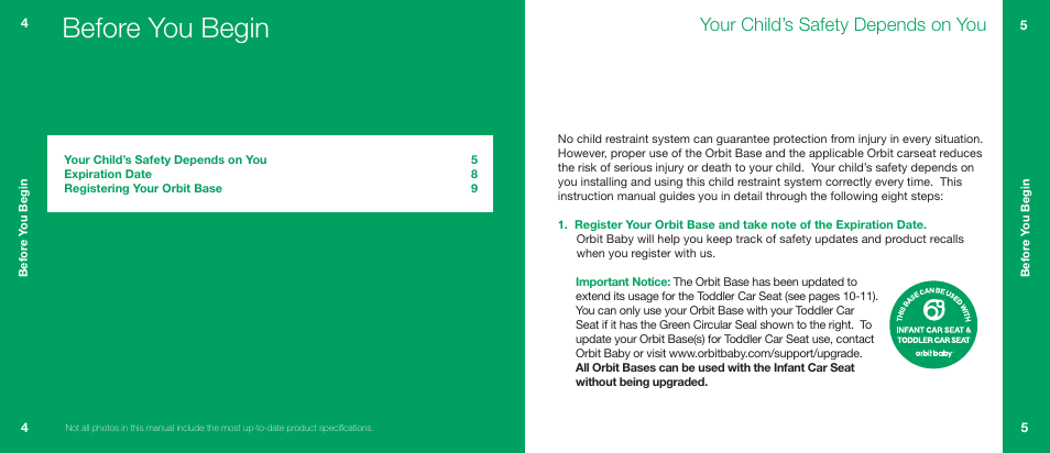 Before you begin, Your child’s safety depends on you | Orbit Baby Generation-one Car Seat Base User Manual | Page 3 / 25