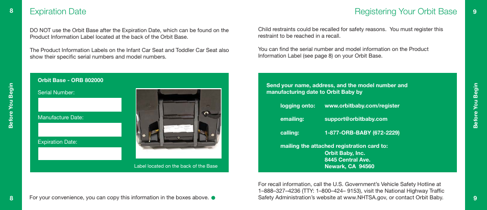 Expiration date, Registering your orbit base | Orbit Baby Generation-one Car Seat Base User Manual | Page 5 / 25