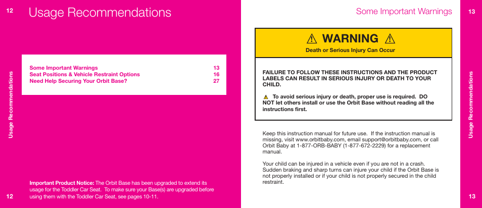 Usage recommendations, Warning, Some important warnings | Orbit Baby Generation-one Car Seat Base User Manual | Page 7 / 25