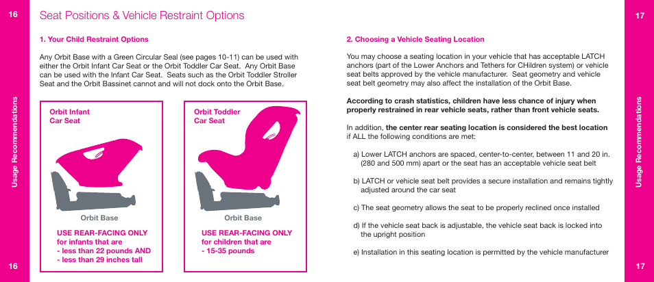 Seat positions & vehicle restraint options | Orbit Baby Generation-one Car Seat Base User Manual | Page 9 / 25