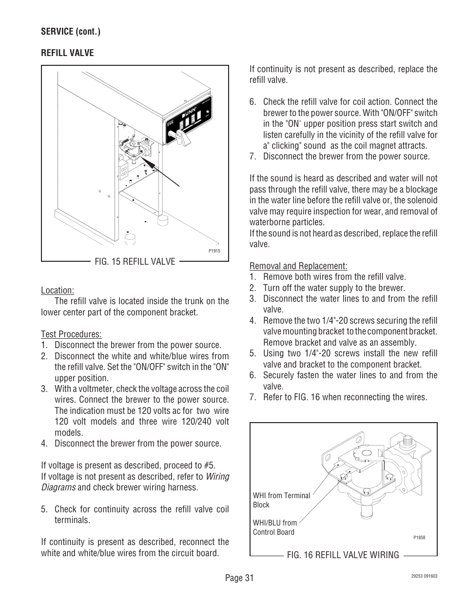 Wiring diagrams, Page 31, Fig. 16 refill valve wiring | Fig. 15 refill valve | Bunn CDBCF Airpot User Manual | Page 31 / 34