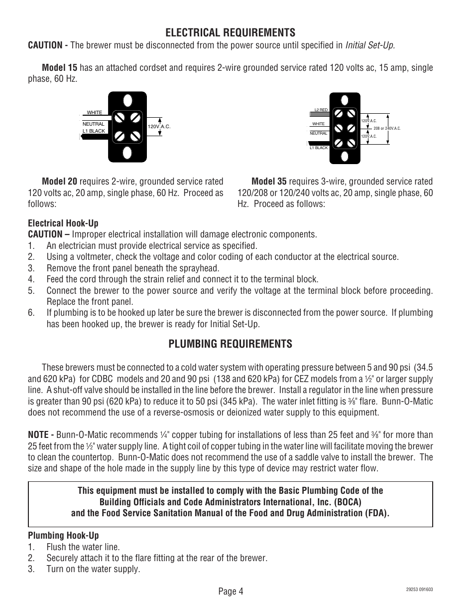 Electrical requirements, Plumbing requirements, Initial set-up | Bunn CDBCF Airpot User Manual | Page 4 / 34