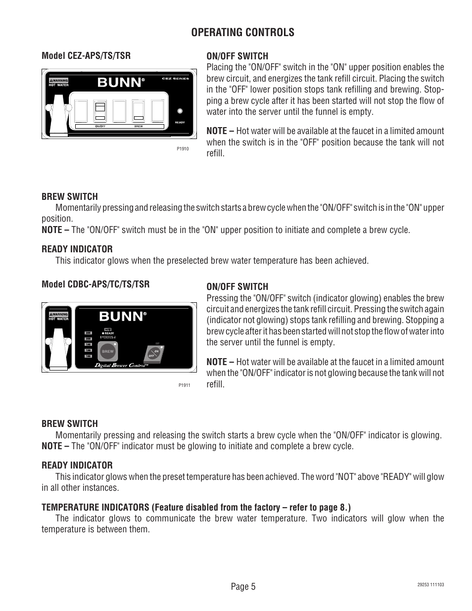 Operating controls | Bunn CDBCF Airpot User Manual | Page 5 / 34