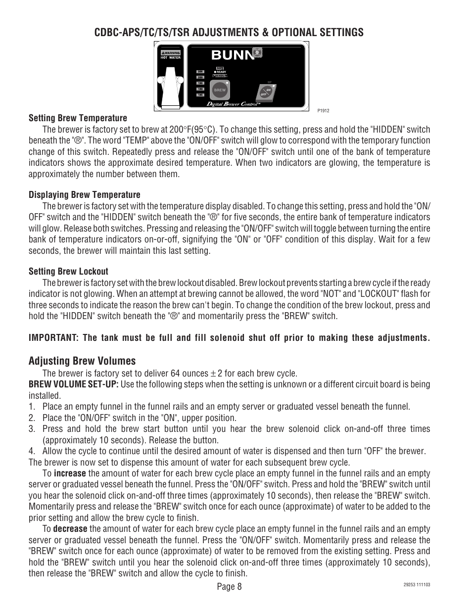 Cdbc-aps/tc/ts/tsr adjustments & optional settings, Adjusting brew volumes | Bunn CDBCF Airpot User Manual | Page 8 / 34