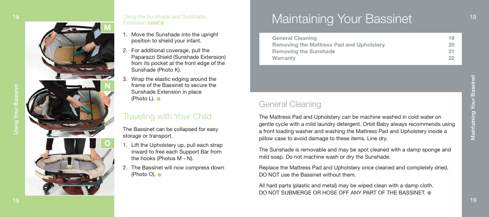 Maintaining your bassinet, General cleaning, Traveling with your child | Mn o | Orbit Baby Generation-one Bassinet User Manual | Page 10 / 13