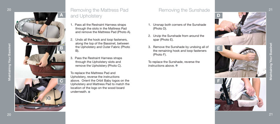 Removing the mattress pad and upholstery, Removing the sunshade | Orbit Baby Generation-one Bassinet User Manual | Page 11 / 13