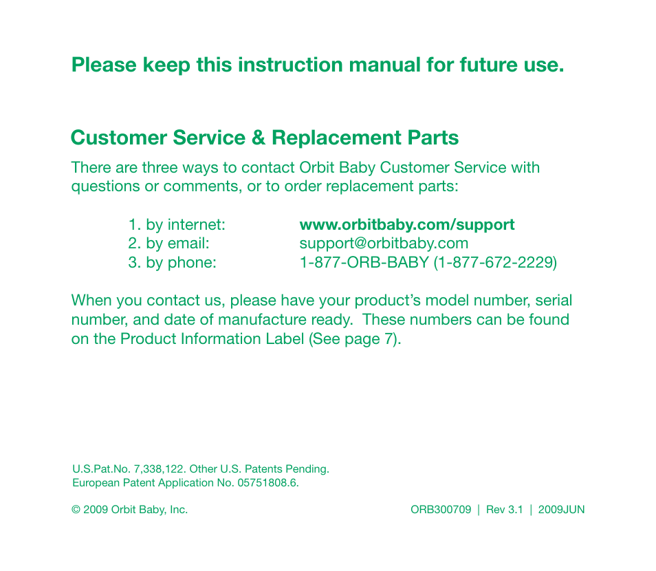 Customer service & replacement parts, Please keep this instruction manual for future use | Orbit Baby Generation-one Bassinet User Manual | Page 13 / 13