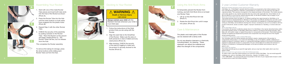 Warning, Year limited customer warranty, Assembling your rocker | Docking to your rocker, Using the anti-rock arms, Care & maintenance, Cb a | Orbit Baby Generation-one Rocker User Manual | Page 2 / 2