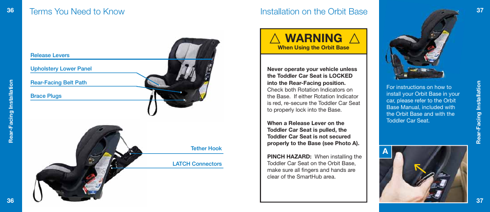 Warning, Installation on the orbit base, Terms you need to know | Orbit Baby Generation-one Toddler Car Seat User Manual | Page 19 / 55
