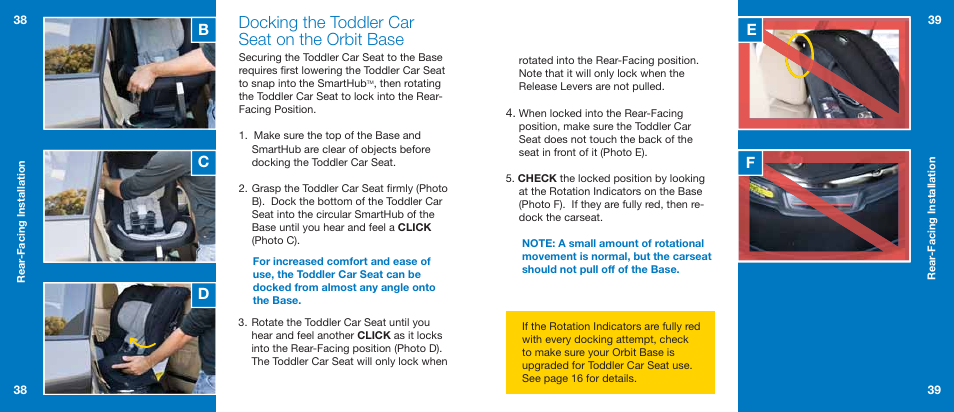 Docking the toddler car seat on the orbit base, Bc d e f | Orbit Baby Generation-one Toddler Car Seat User Manual | Page 20 / 55