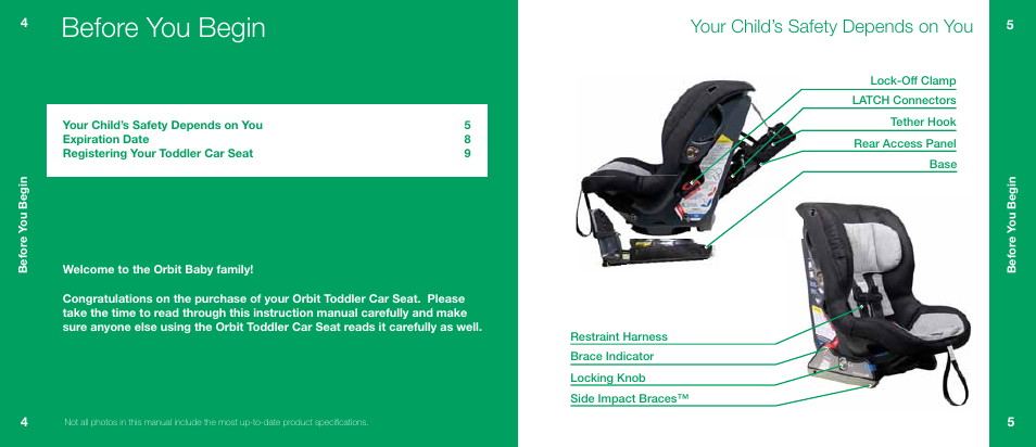 Before you begin, Your child’s safety depends on you | Orbit Baby Generation-one Toddler Car Seat User Manual | Page 3 / 55