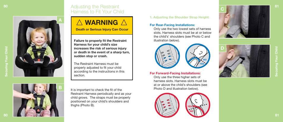 Warning, Adjusting the restraint harness to fit your child, Bc d | Orbit Baby Generation-one Toddler Car Seat User Manual | Page 41 / 55
