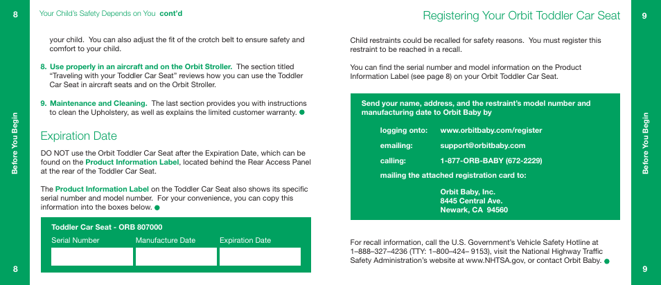 Registering your orbit toddler car seat, Expiration date | Orbit Baby Generation-one Toddler Car Seat User Manual | Page 5 / 55