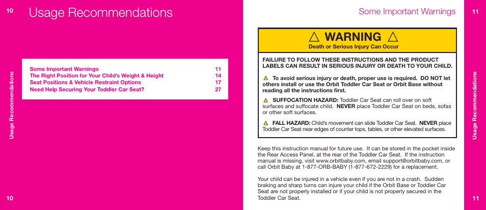 Usage recommendations, Warning, Some important warnings | Orbit Baby Generation-one Toddler Car Seat User Manual | Page 6 / 55