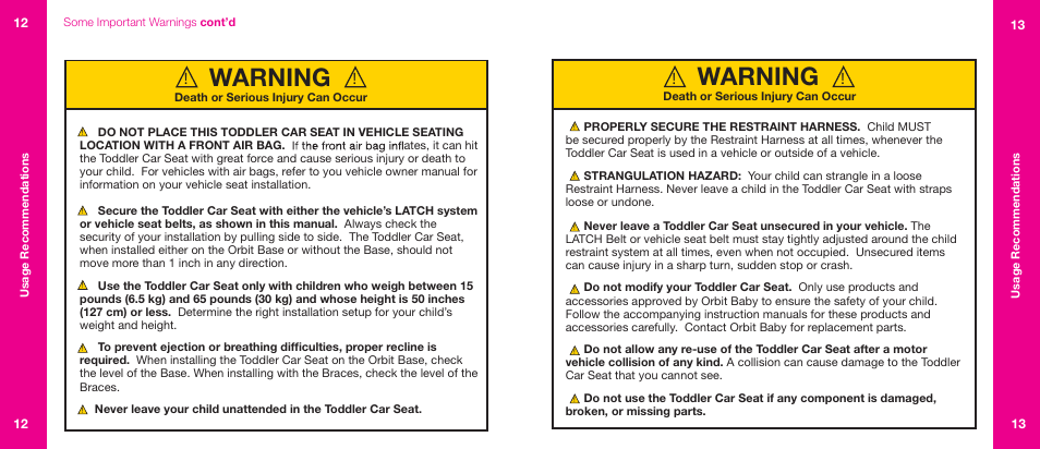 Warning | Orbit Baby Generation-one Toddler Car Seat User Manual | Page 7 / 55