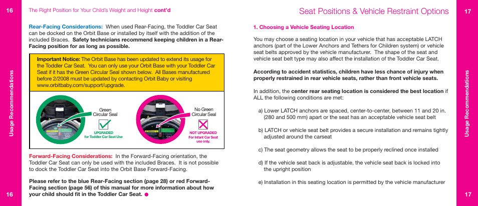 Seat positions & vehicle restraint options | Orbit Baby Generation-one Toddler Car Seat User Manual | Page 9 / 55