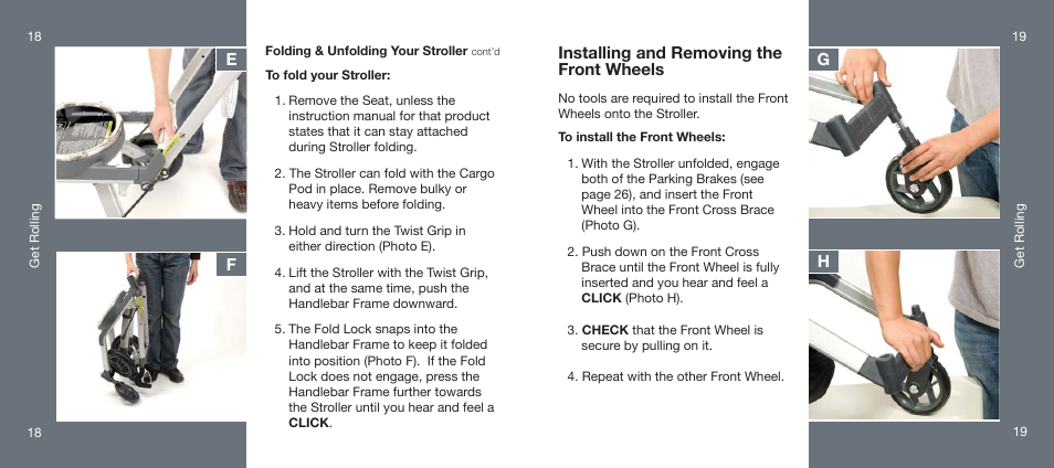 Installing and removing the front wheels, Ef g h | Orbit Baby Generation-one Stroller User Manual | Page 10 / 25