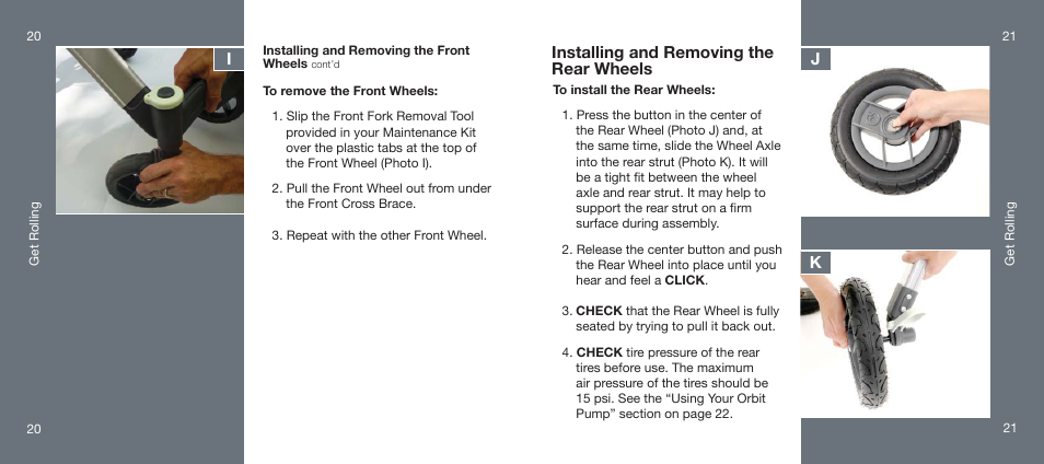 Installing and removing the rear wheels, Kj i | Orbit Baby Generation-one Stroller User Manual | Page 11 / 25