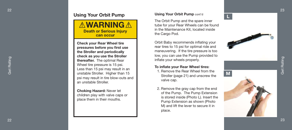 Warning, Using your orbit pump | Orbit Baby Generation-one Stroller User Manual | Page 12 / 25