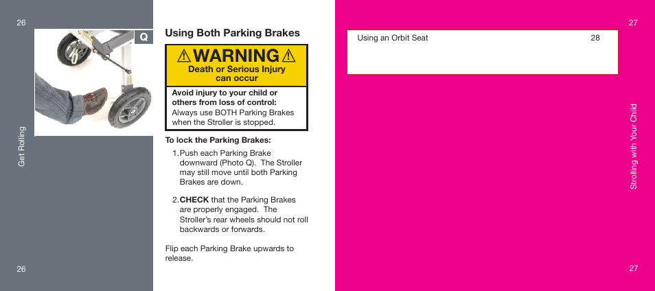 Warning, Using both parking brakes | Orbit Baby Generation-one Stroller User Manual | Page 14 / 25