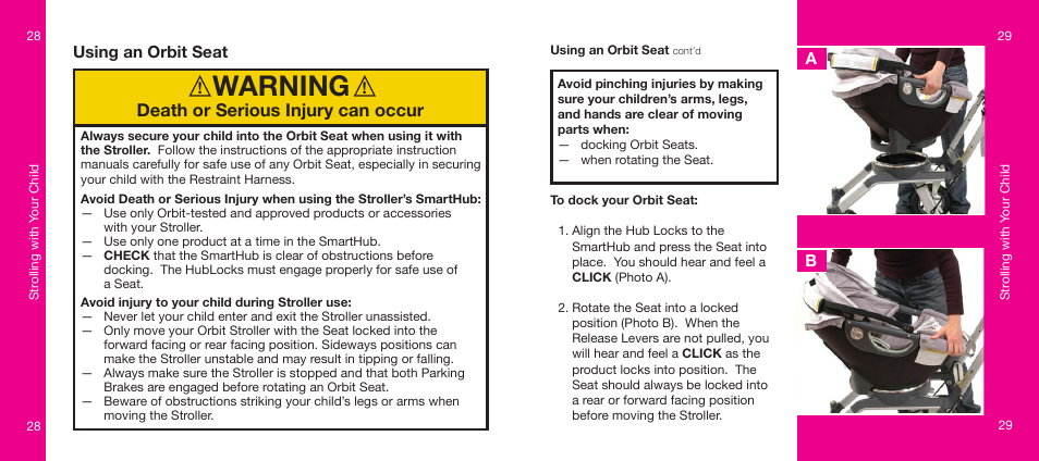 Warning, Death or serious injury can occur, Using an orbit seat | Orbit Baby Generation-one Stroller User Manual | Page 15 / 25