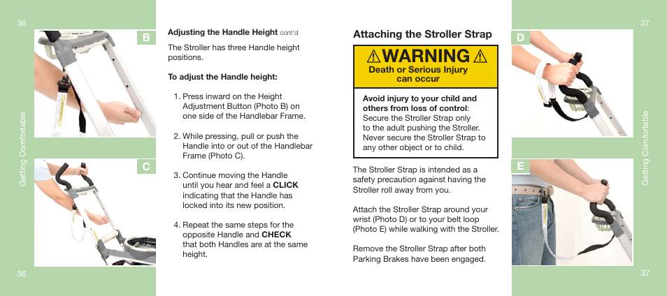 Warning, Attaching the stroller strap, Bc d e | Orbit Baby Generation-one Stroller User Manual | Page 19 / 25