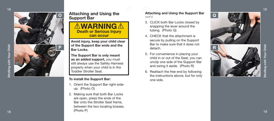 Warning, Attaching and using the support bar, Op q r | Orbit Baby Toddler Stroller Seat User Manual | Page 10 / 15