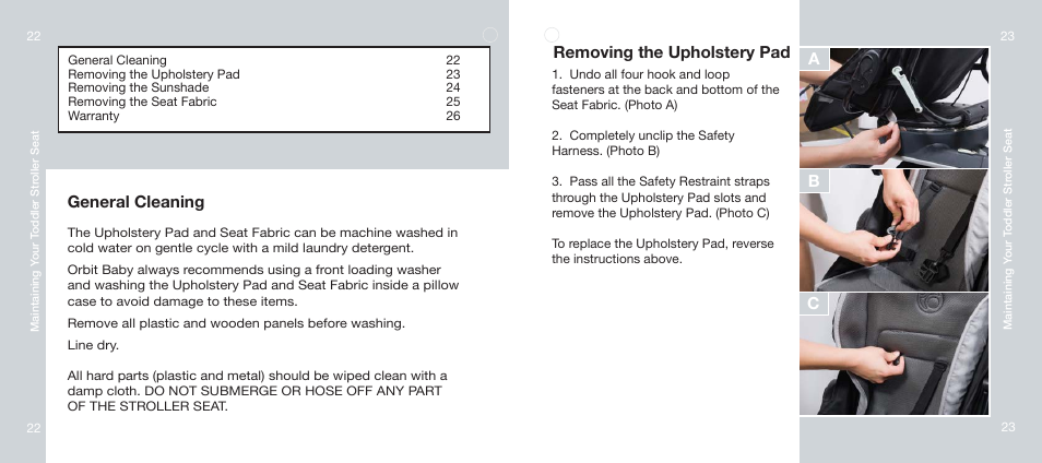 General cleaning, Removing the upholstery pad, Ab c | Orbit Baby Toddler Stroller Seat User Manual | Page 12 / 15