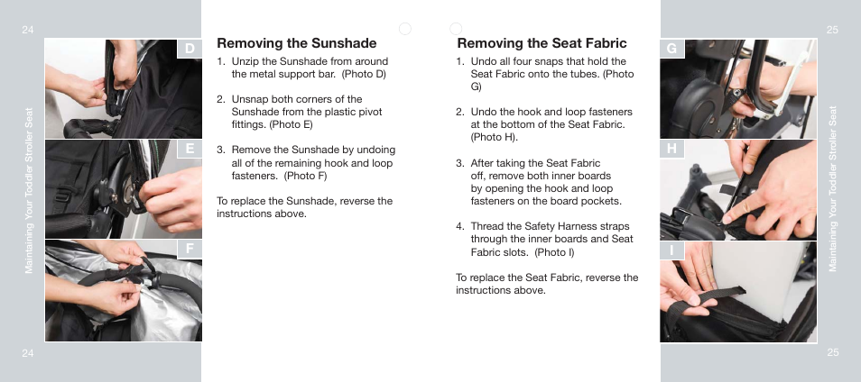 Removing the sunshade, Gh i removing the seat fabric, De f | Orbit Baby Toddler Stroller Seat User Manual | Page 13 / 15