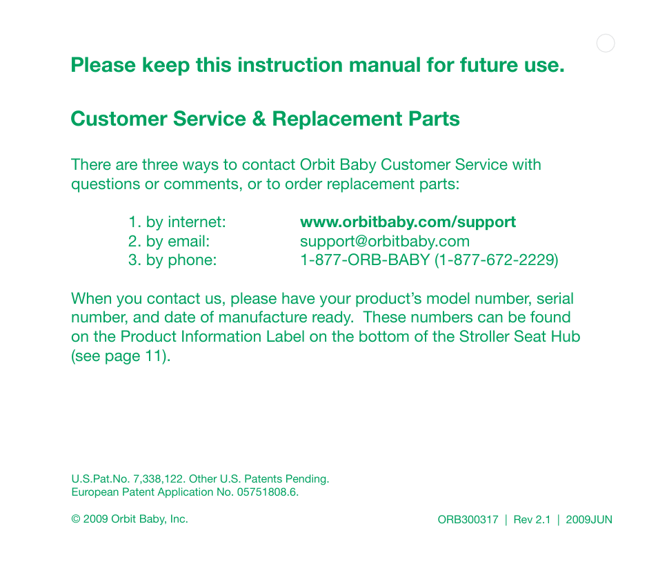 Please keep this instruction manual for future use, Customer service & replacement parts | Orbit Baby Toddler Stroller Seat User Manual | Page 15 / 15