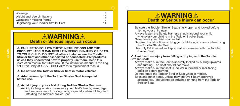 Warning, Death or serious injury can occur | Orbit Baby Toddler Stroller Seat User Manual | Page 5 / 15