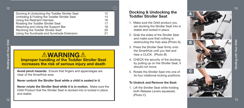 Warning, Install the base | Orbit Baby Toddler Stroller Seat User Manual | Page 7 / 15