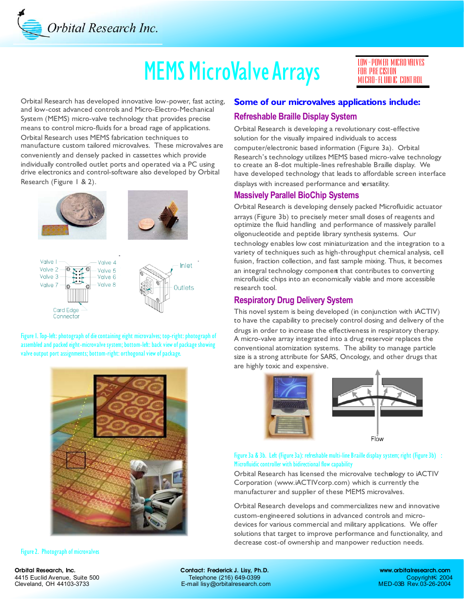 Orbital Research MEMS MicroValve Arrays User Manual | 1 page