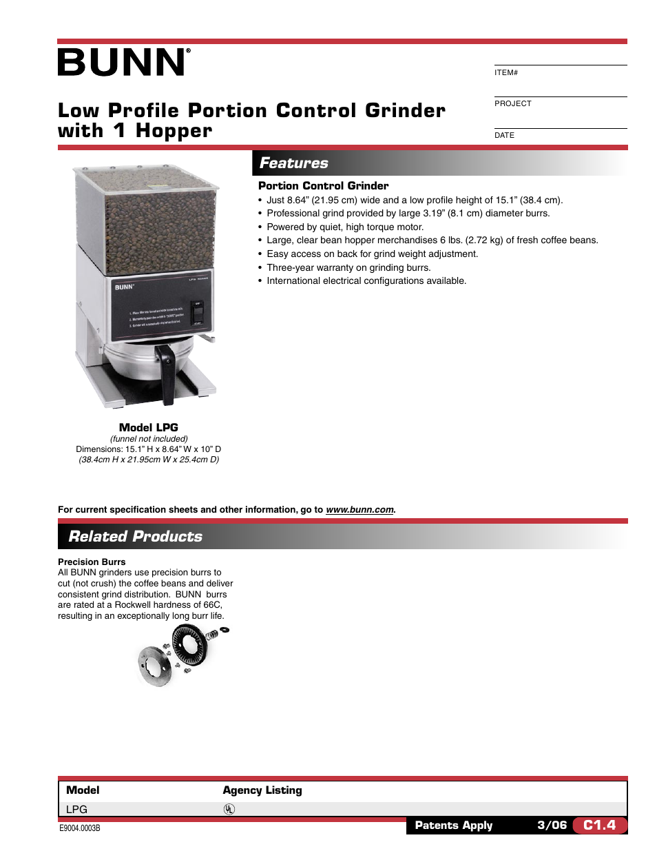 Bunn LPG E9004.0003B User Manual | 2 pages