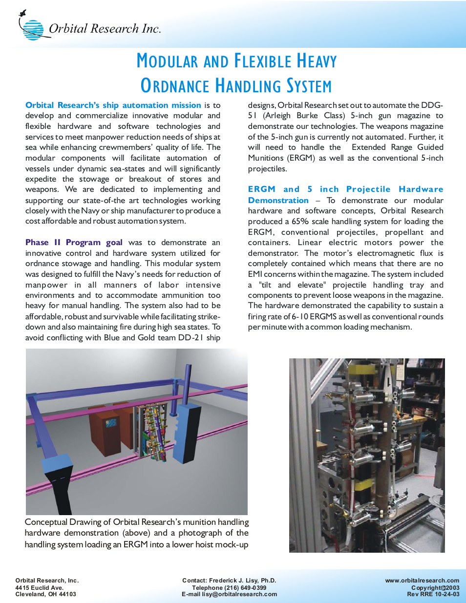 Orbital Research MODULAR AND FLEXIBLE HEAVY ORDNANCE HANDLING SYSTEM User Manual | 2 pages