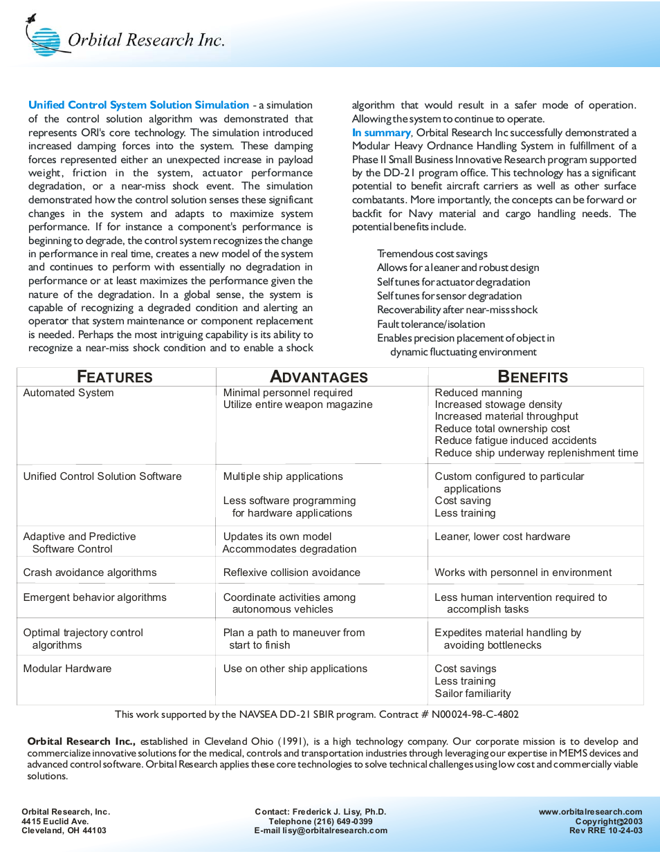 Fa b, Eatures dvantages enefits | Orbital Research MODULAR AND FLEXIBLE HEAVY ORDNANCE HANDLING SYSTEM User Manual | Page 2 / 2