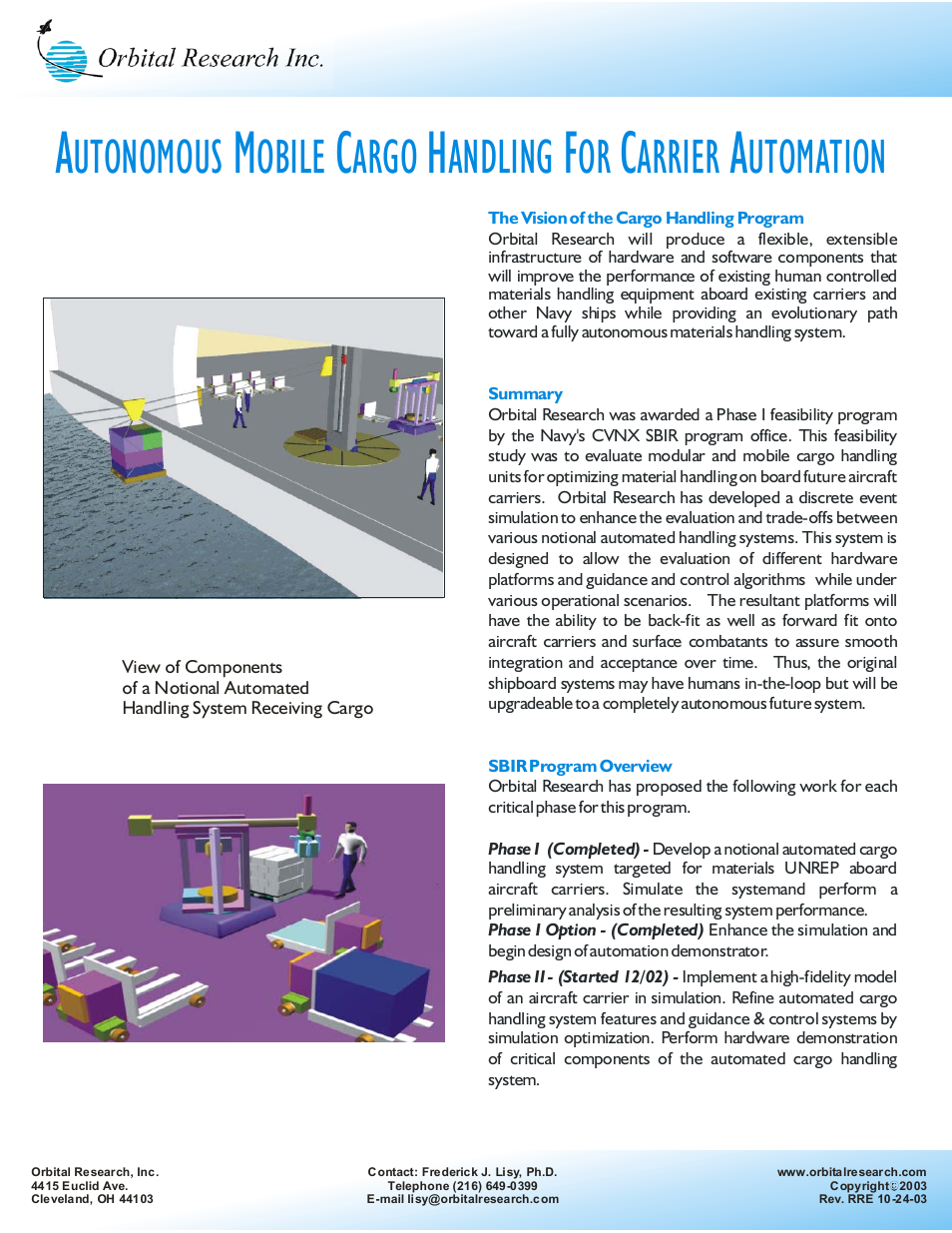 Orbital Research AUTONOMOUS MOBILE CARGO HANDLING FOR CARRIER AUTOMATION User Manual | 2 pages