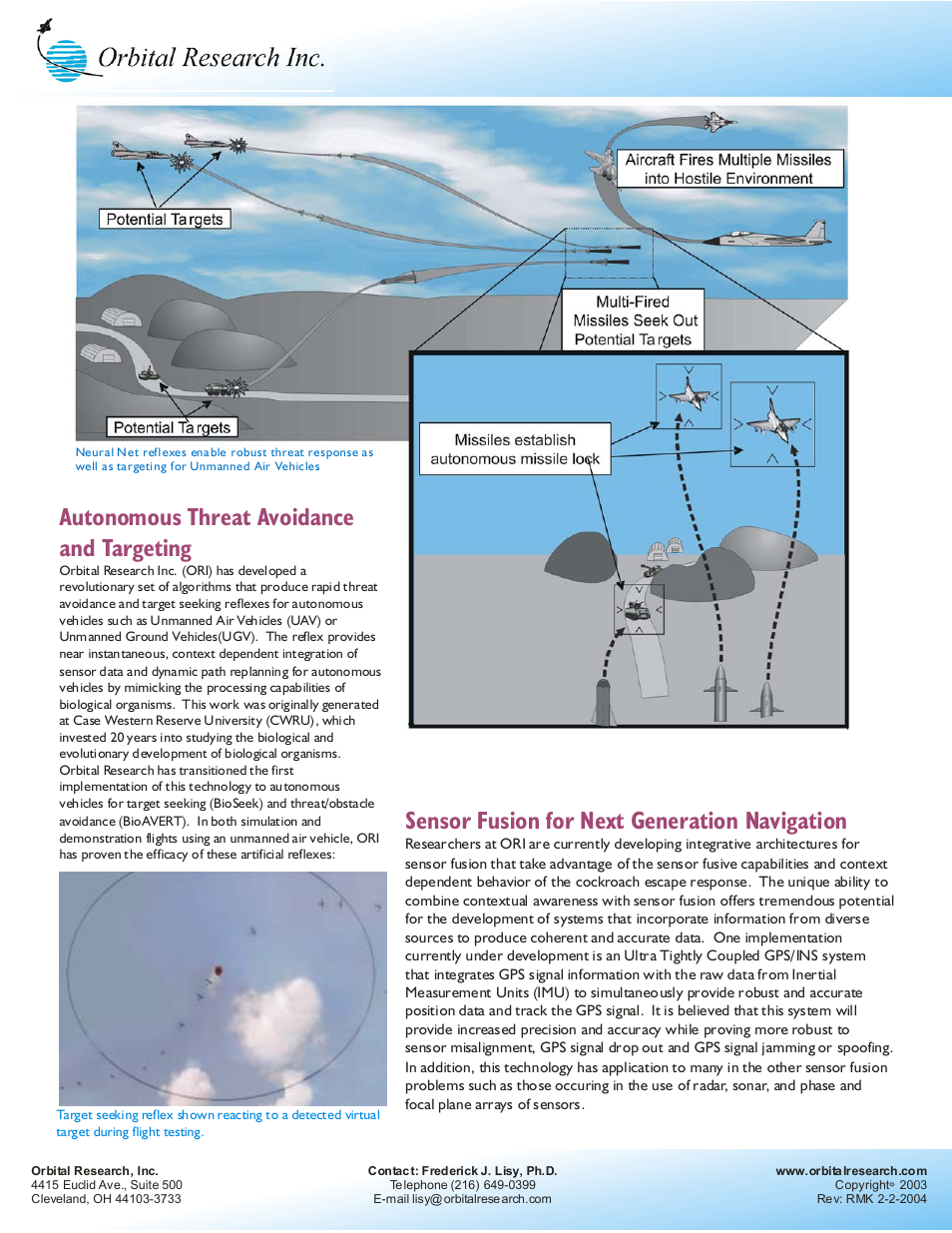 Autonomous threat avoidance and targeting, Sensor fusion for next generation navigation | Orbital Research Neural Networks For Control and Signal Processing User Manual | Page 2 / 2