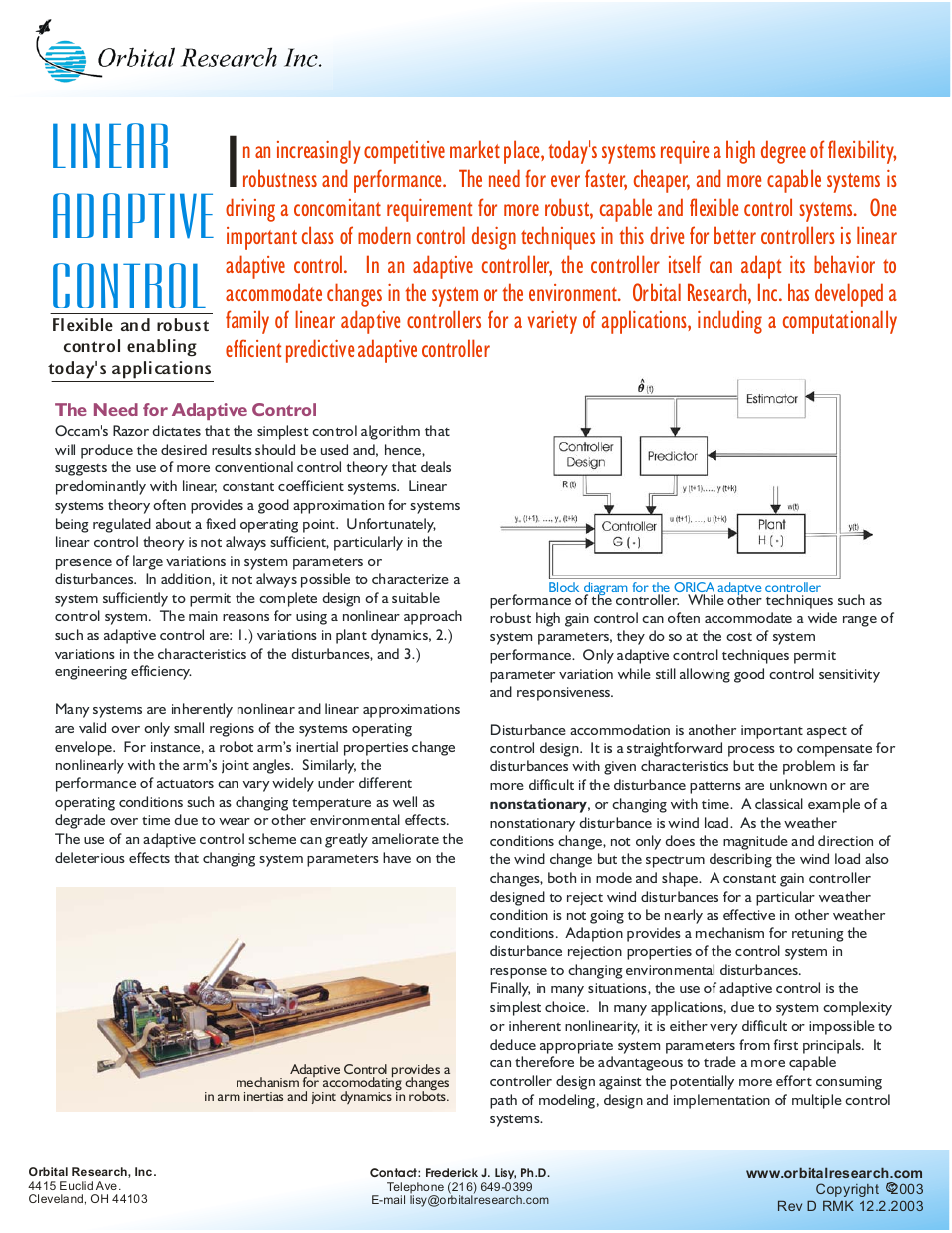 Orbital Research Linear Adaptive Control User Manual | 2 pages