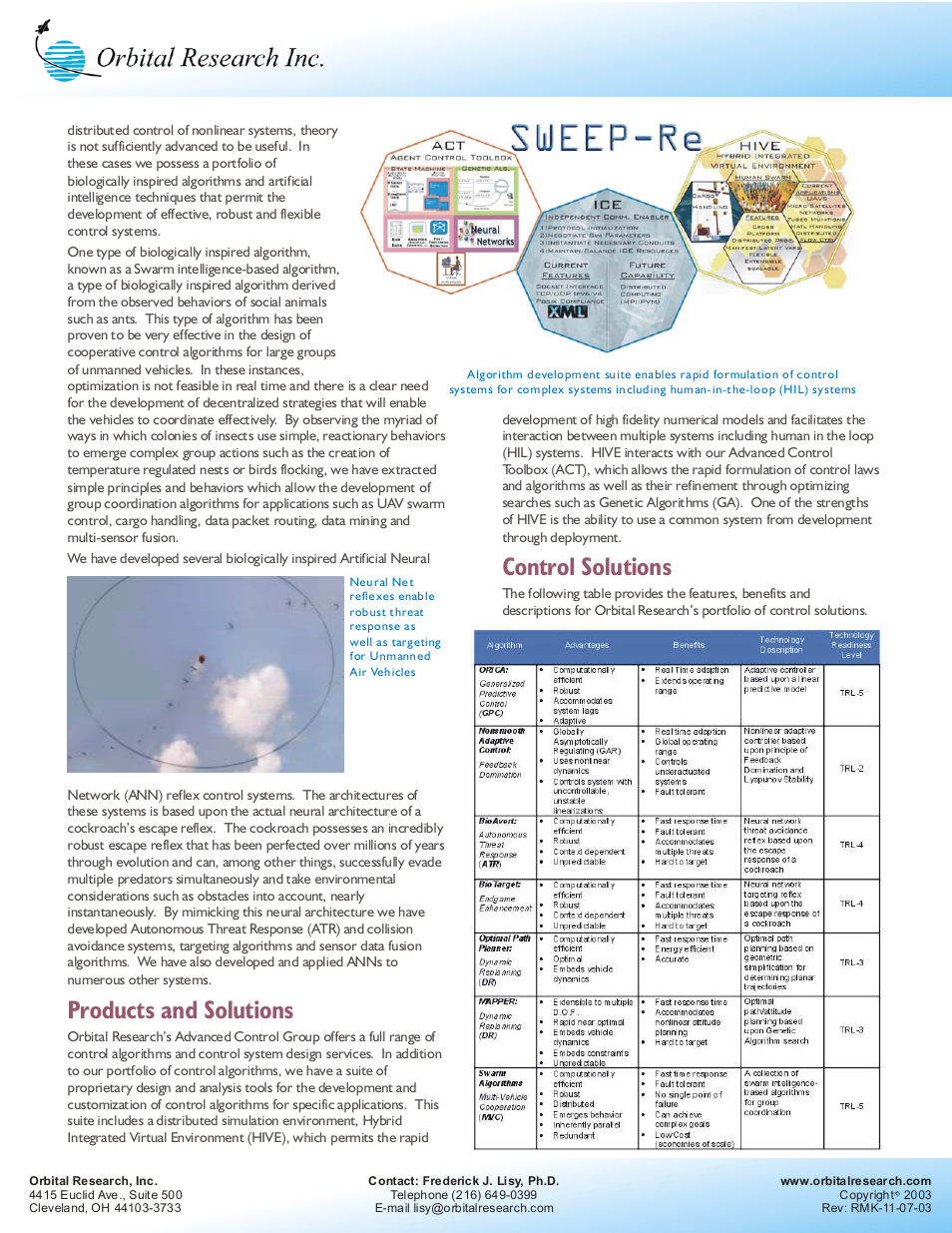 Products and solutions control solutions | Orbital Research Advanced Controls Group User Manual | Page 2 / 2