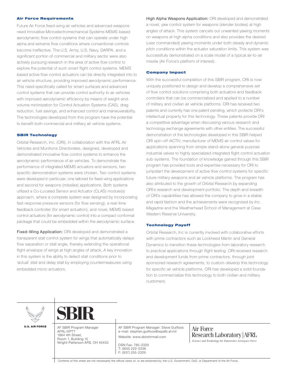 Air force research laboratory afrl | Orbital Research Impact User Manual | Page 2 / 2