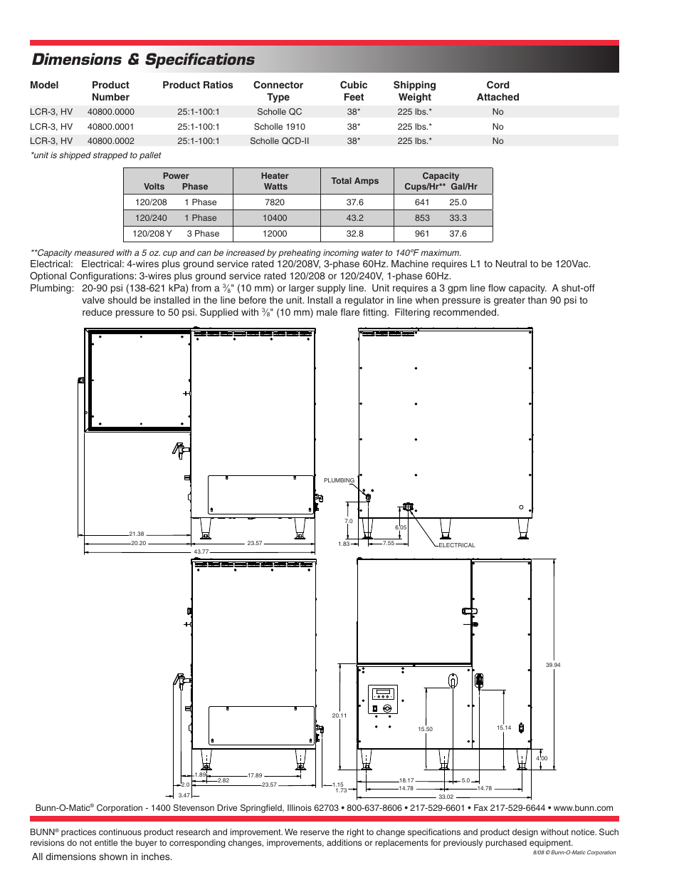 Dimensions & specifications | Bunn LCR-3 HV User Manual | Page 2 / 2