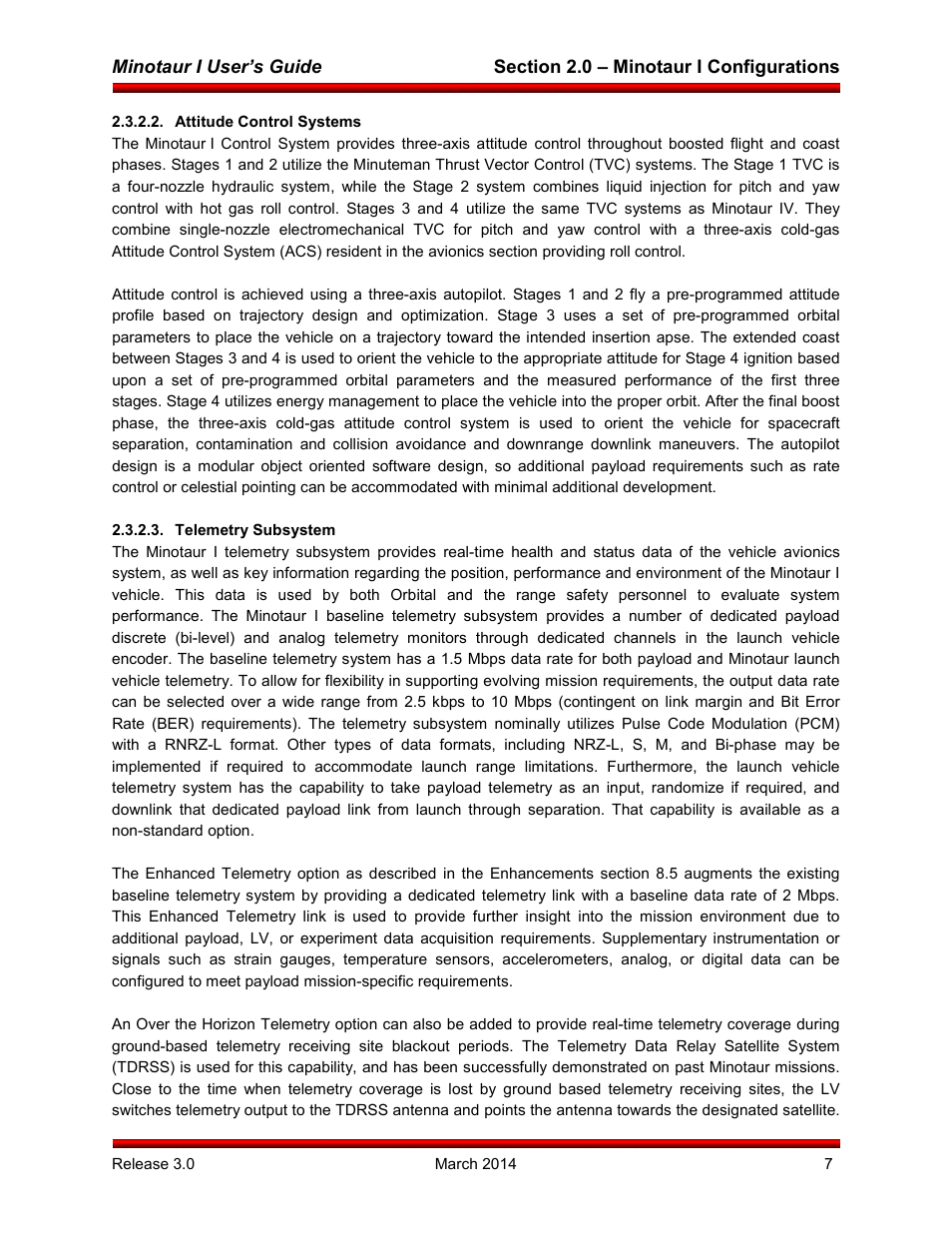 Attitude control systems, Telemetry subsystem | Orbital Minotaur I User Manual | Page 20 / 99