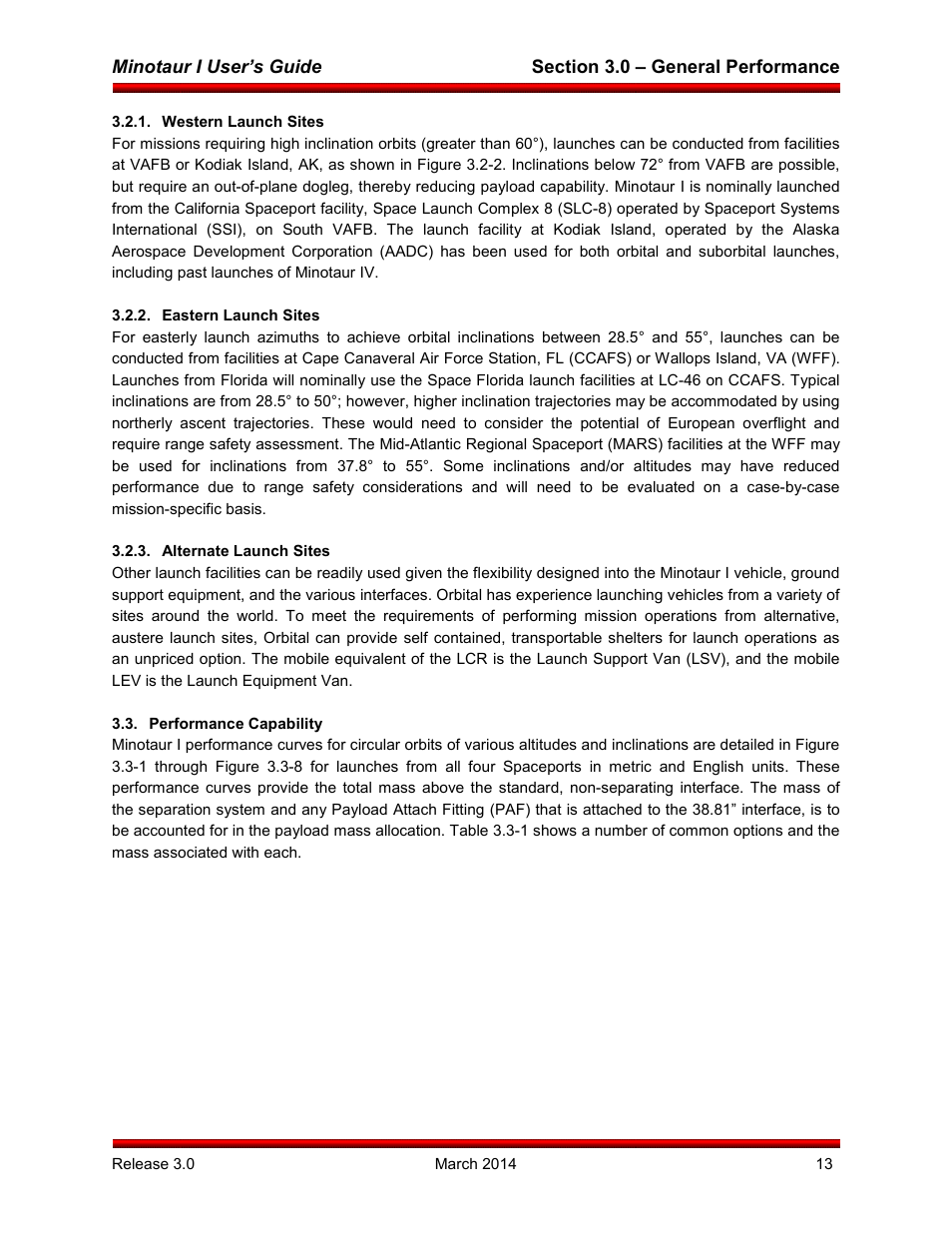Western launch sites, Eastern launch sites, Alternate launch sites | Performance capability | Orbital Minotaur I User Manual | Page 26 / 99